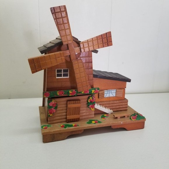 Windmill Musical Jewelry Trinket Box Wood Home Decor Vintage